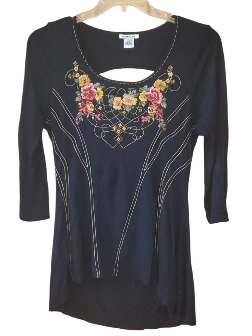 Krista Lee Black Embroidered Beaded Floral Scoop Neck Tunic Open Back Size S